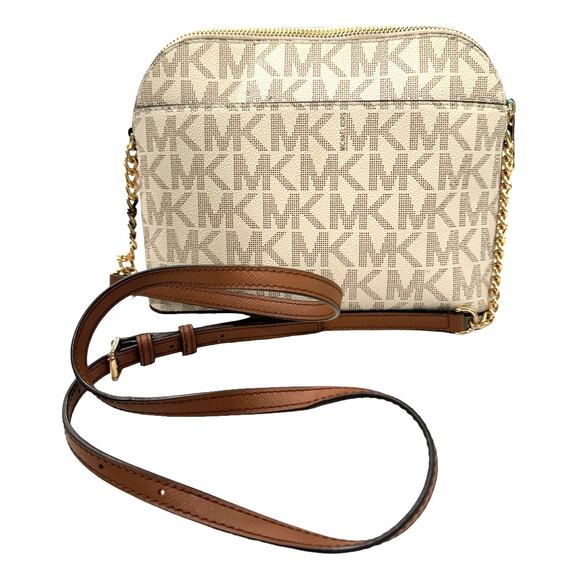 Michael Kors Classic Cream Logo Monogram Crossbody Gold Chain Shoulder Luxury - Picture 8 of 10